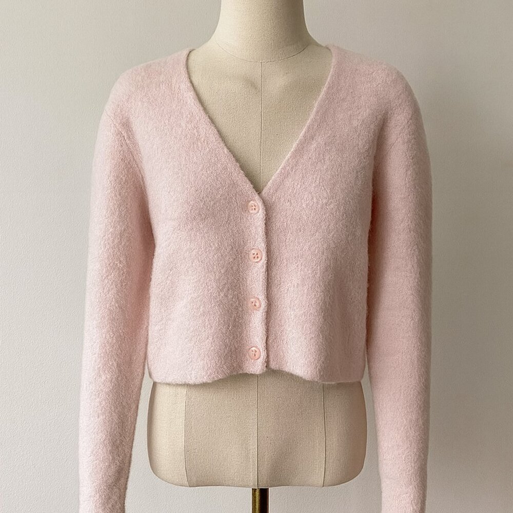 Rachel Zoe 90s Y2K Clueless Pink Fuzzy Cardigan Sweater V Neck Button Down Med